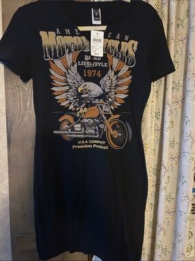 Windsor Black Graphic Mini Dress with Orange and Cream Motorcycle Print